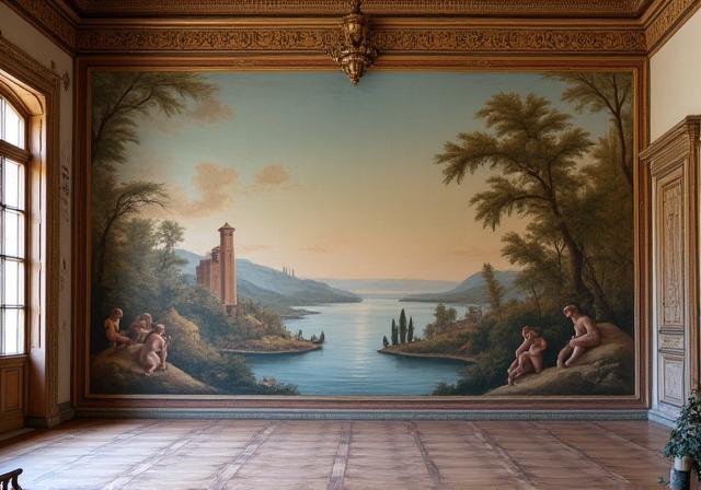 Vista parziale di un murale paesaggistico classico su vasta scala in una villa storica veneta.